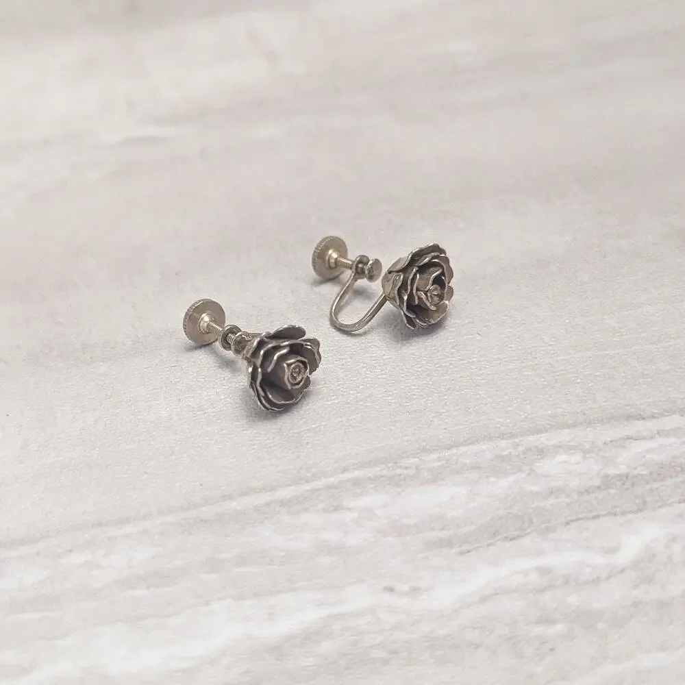 Vintage Screw On Earrings Flower Dark Gold Tone - Fair Condition